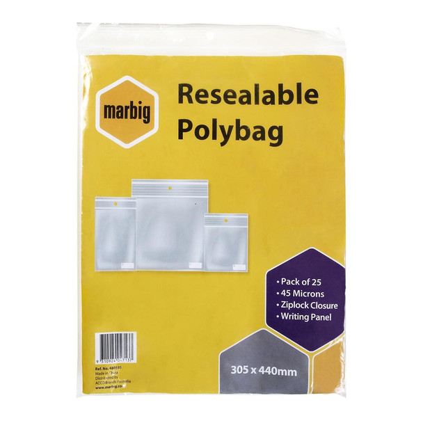 marbig Resealable Polybags 305mmx440mm Writing Panel Pack25 : 480595 