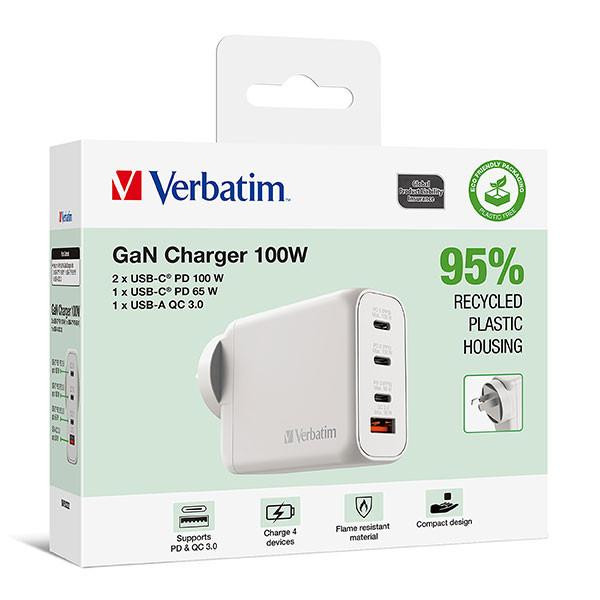 Verbatim Usb Gan Charger 100w 3c+1a White : 66966 