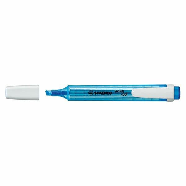 STABILO Swing Cool Highlighter in blue, slim pocket-sized chisel-nib highlighter sold in a box of 10