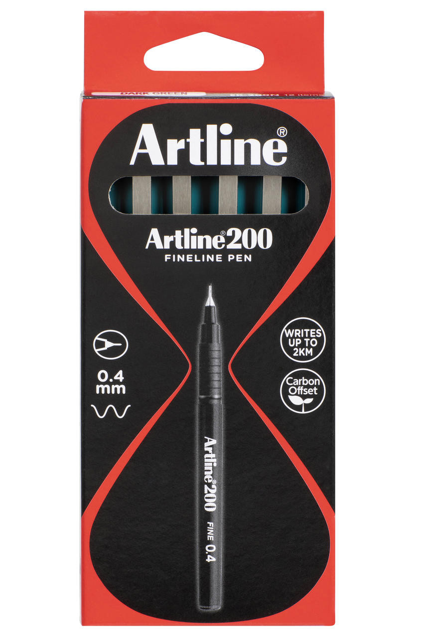 Artline 200 fineliner pen 0.4mm in dark green, box of 12