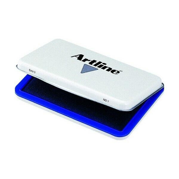Artline EHJ-3 Stamp Pad #1 in blue, SKU 12-203, showing the sealed hinged case and blue ink pad