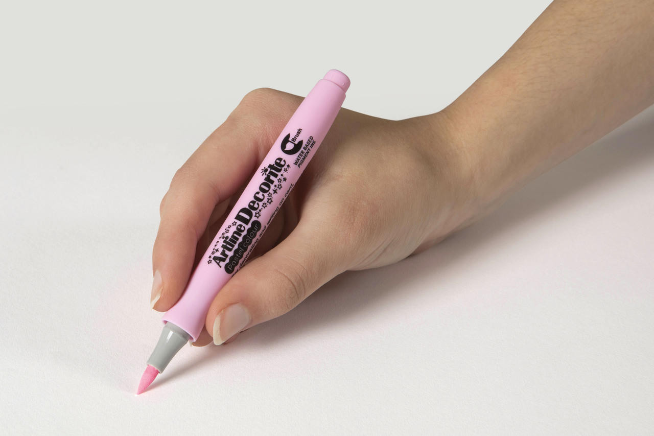 Artline Decorite Pastel Brush marker in Pastel Pink with a flexible brush nib, sold in a box of 12
