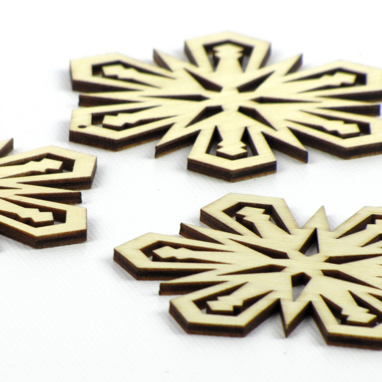 GLOWING STAR | Set of 5 Laser-Cut Wood Snowflakes