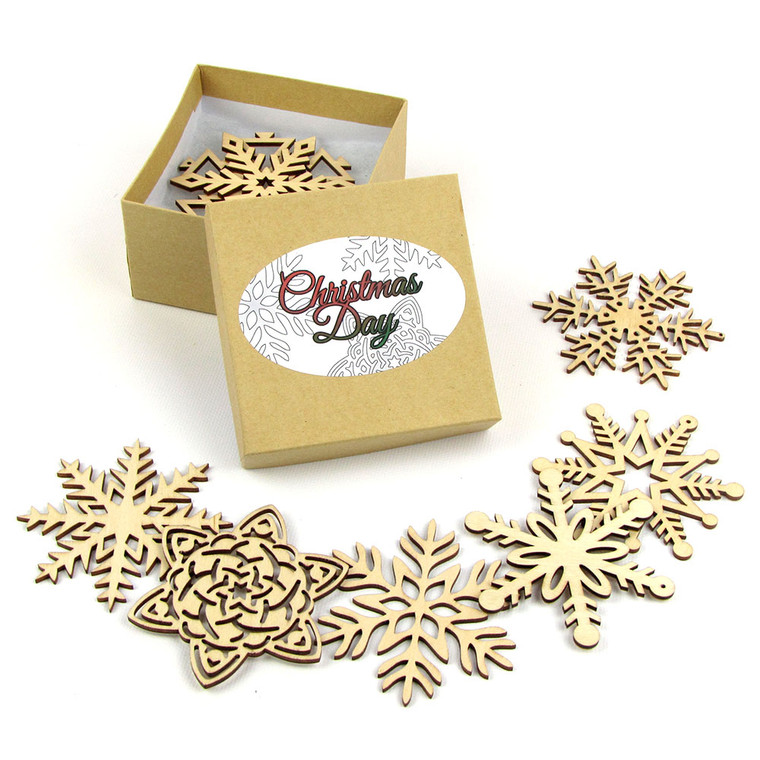 CHRISTMAS DAY | Set of 8 Themed Wood Snowflake Ornaments