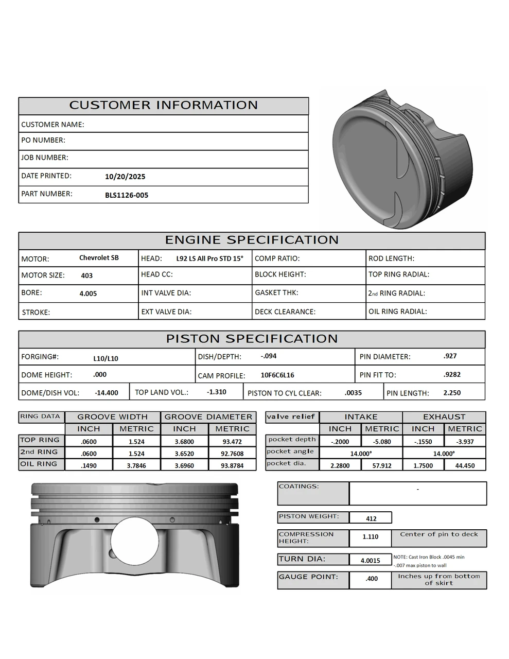 Carrillo CP Bullet LS 4.005" Pistons Set | 4.00" Stroke -14.5cc Dish Top