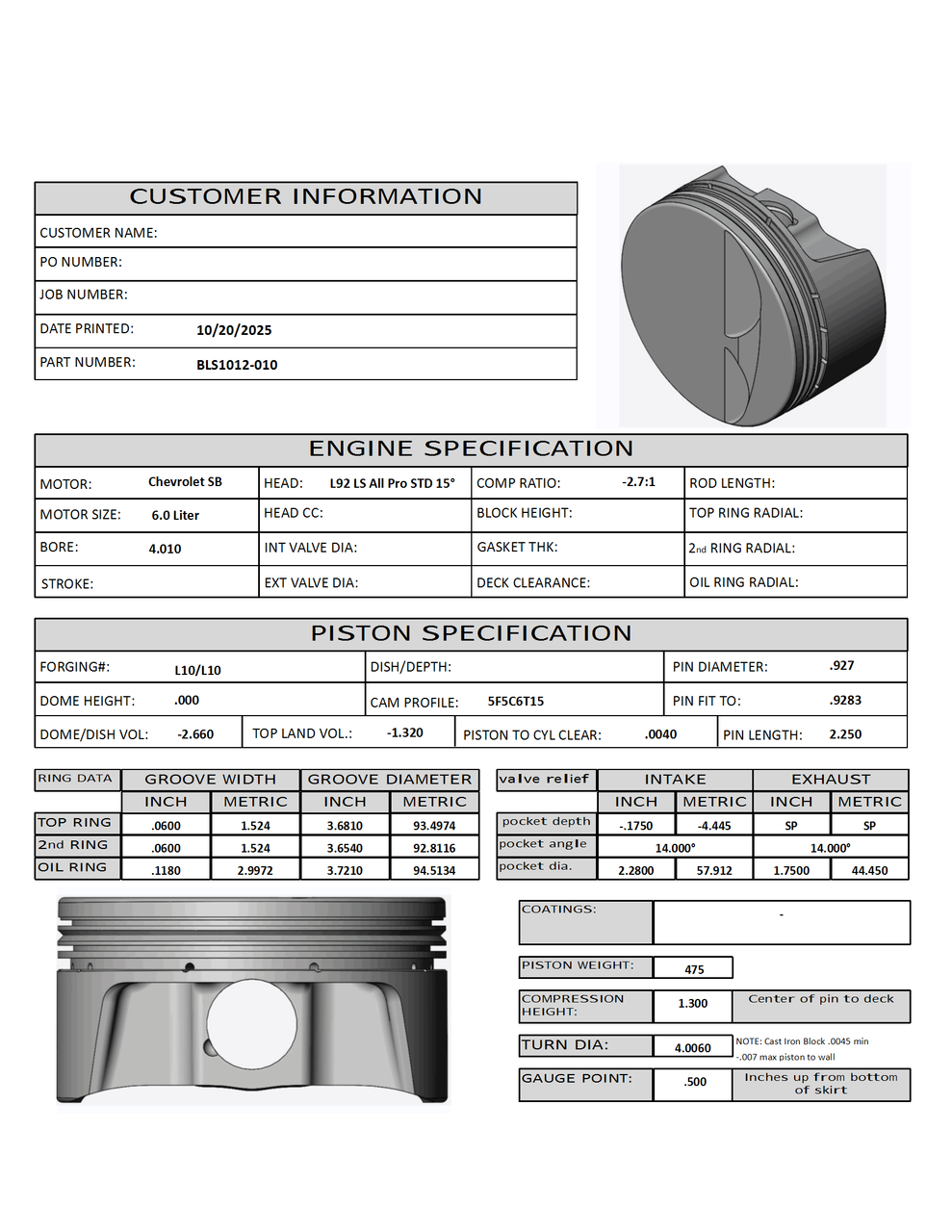 Carrillo CP Bullet LS 4.010" Pistons Set | 3.622" Stroke -2.7cc Flat Top | POWER ADDER