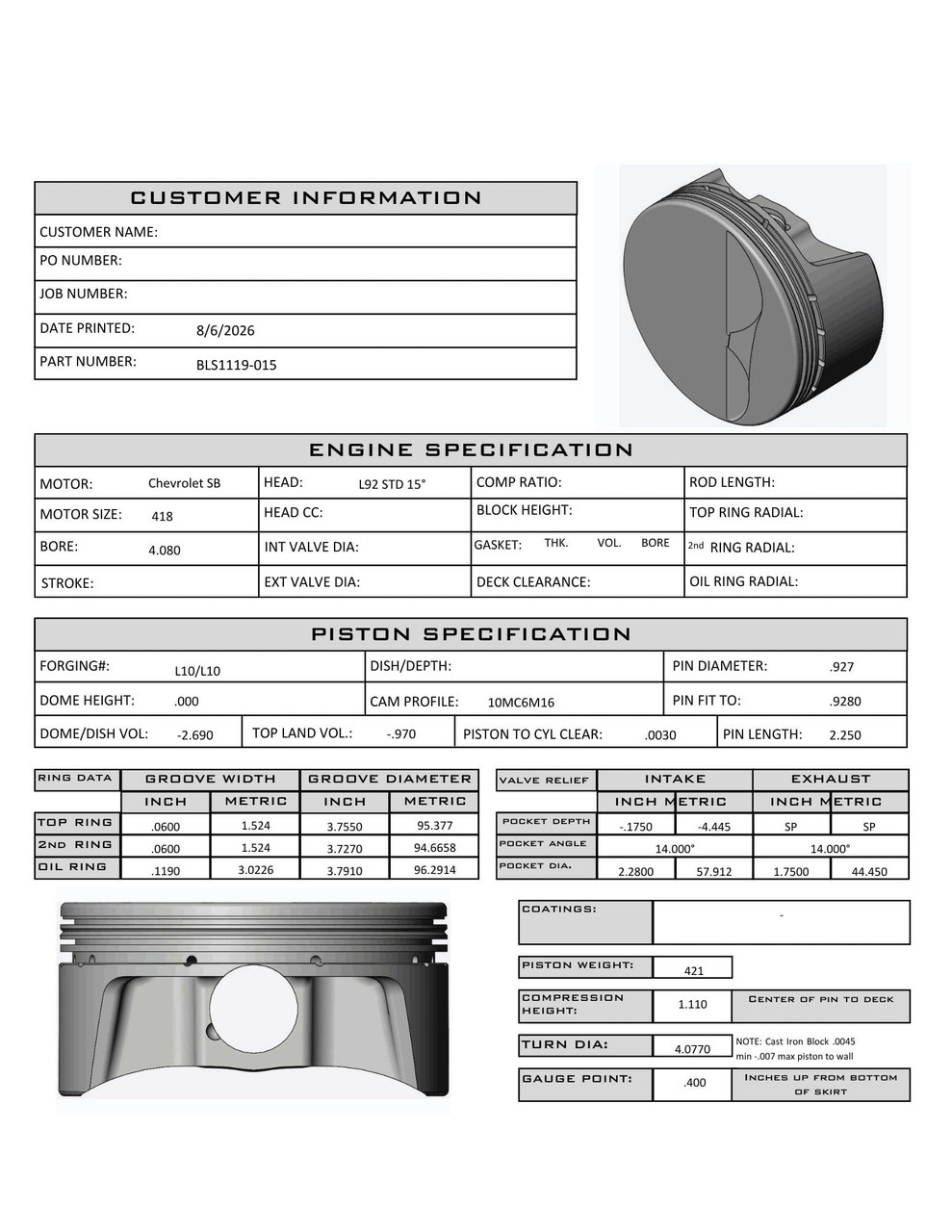 Carrillo CP Bullet LS 4.080" Pistons Set | 4.00" Stroke -2.7cc Flat Top | N/A