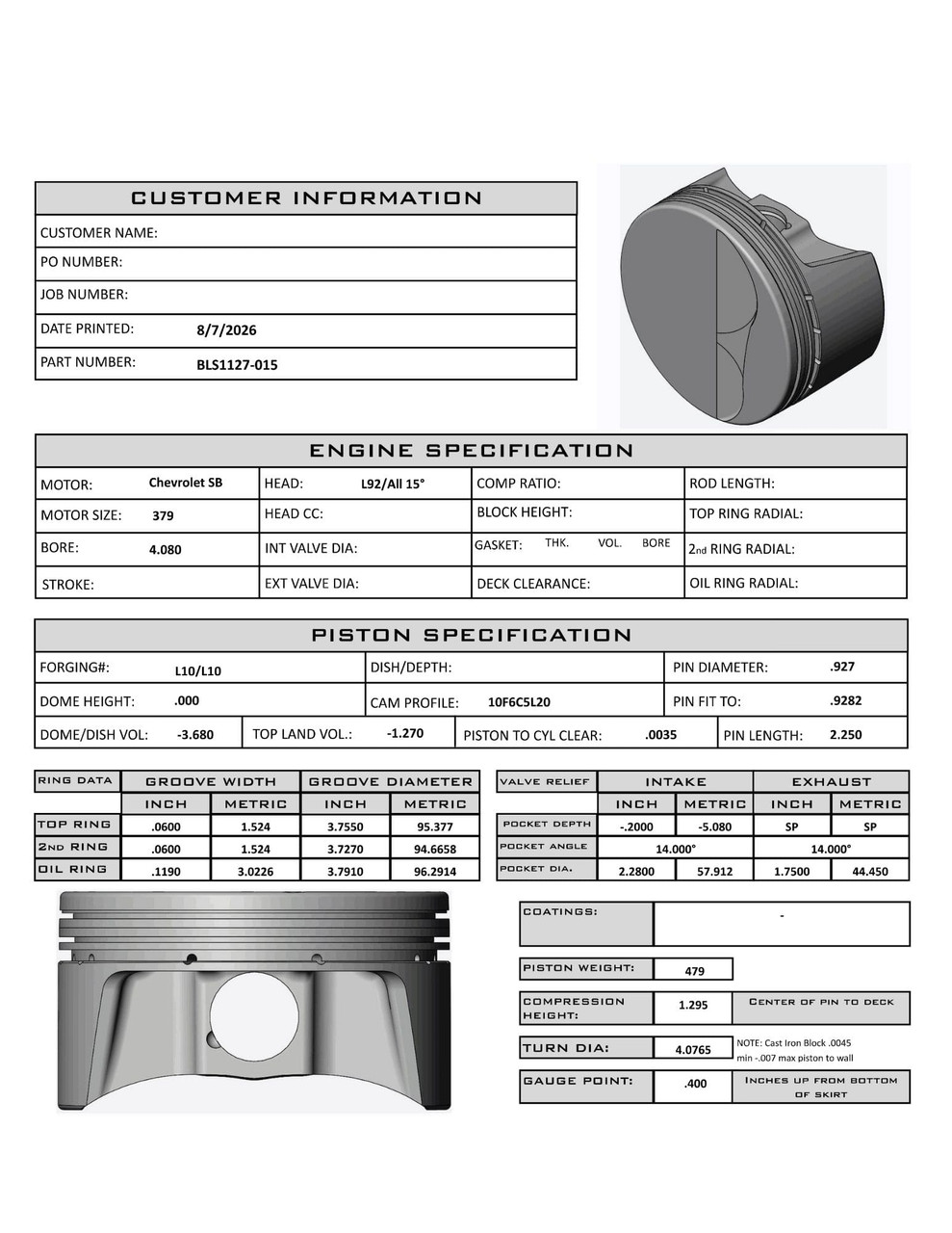 Carrillo CP Bullet LS 4.080" Pistons Set | 3.622" Stroke -3.5cc Dish Top | POWER ADDER