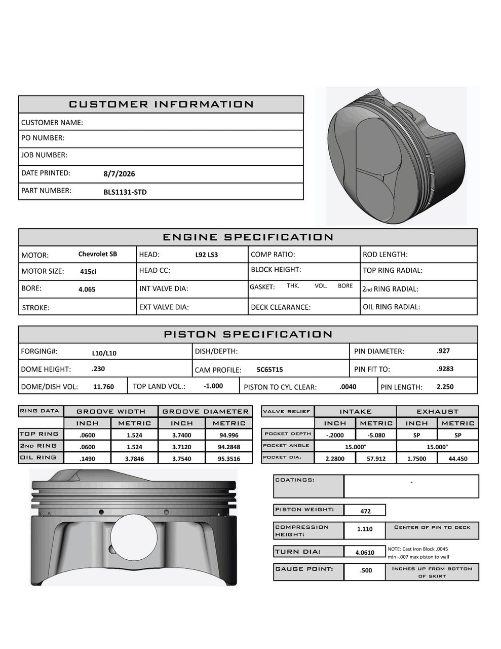 Carrillo CP Bullet LS 4.065" Pistons Set | 4.00" Stroke +11.8cc Dome Top | N/A