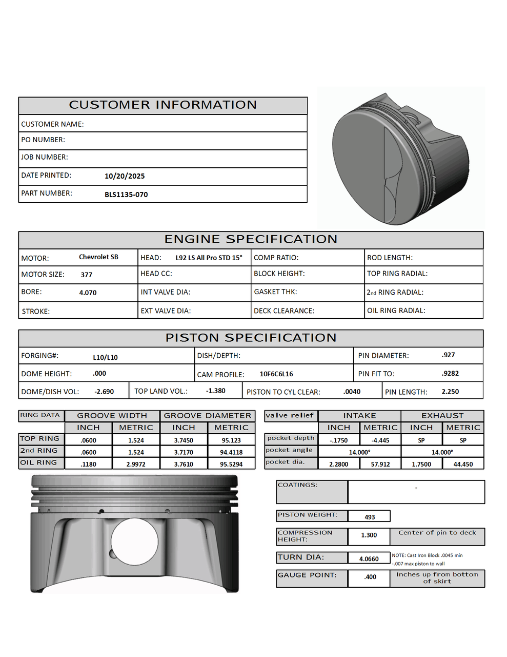 Carrillo CP Bullet LS 4.070" Pistons Set | 3.622" Stroke -2.7cc Flat Top | N/A.