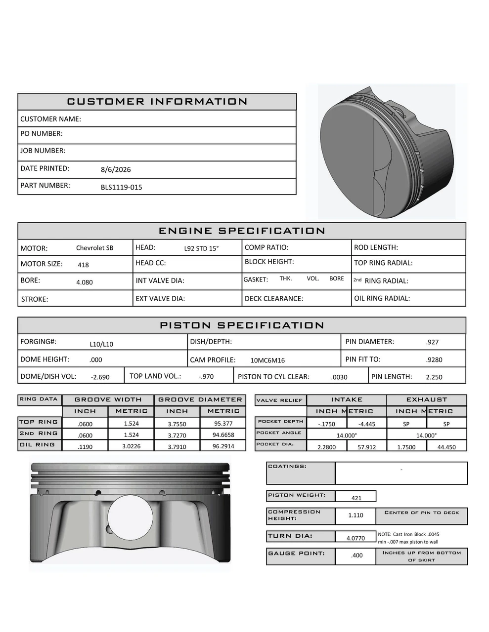 Carrillo CP Bullet LS 4.005" Pistons Set | 3.622" Stroke +10cc Flat Top | N/A