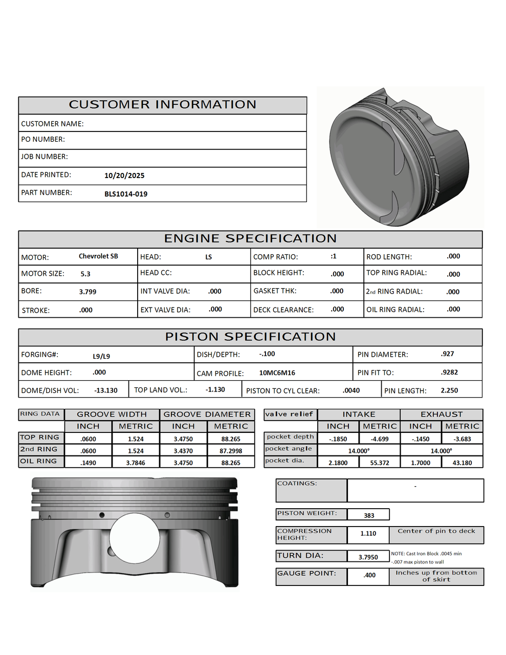 Carrillo CP Bullet LS 3.799" Pistons Set | 4.00" Stroke | -13.1cc Dish Top