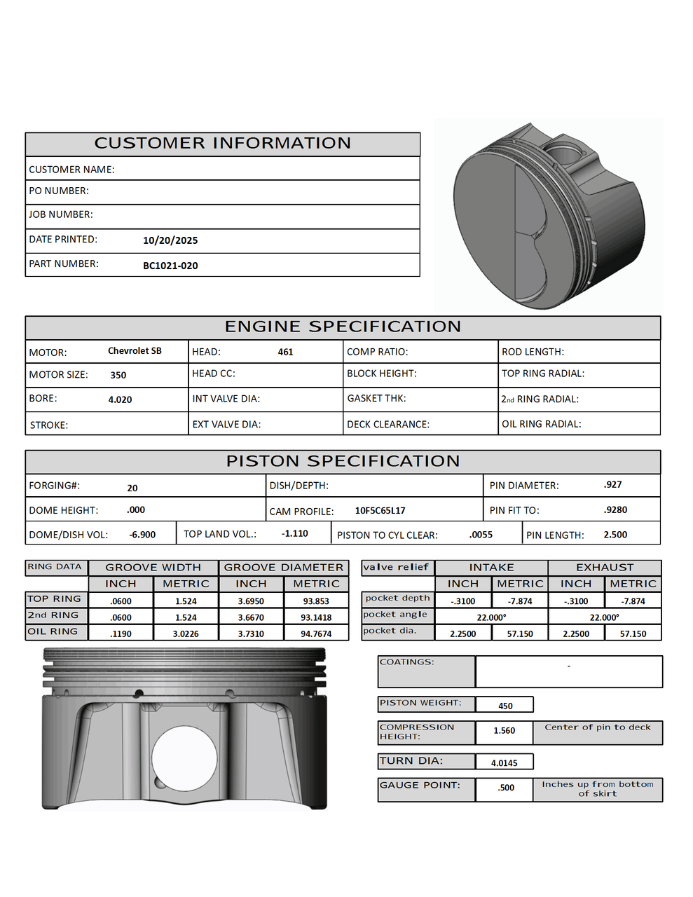Carrillo CP Bullet SBC 4.020" Bore Pistons Set | -6.8cc Flat Top
