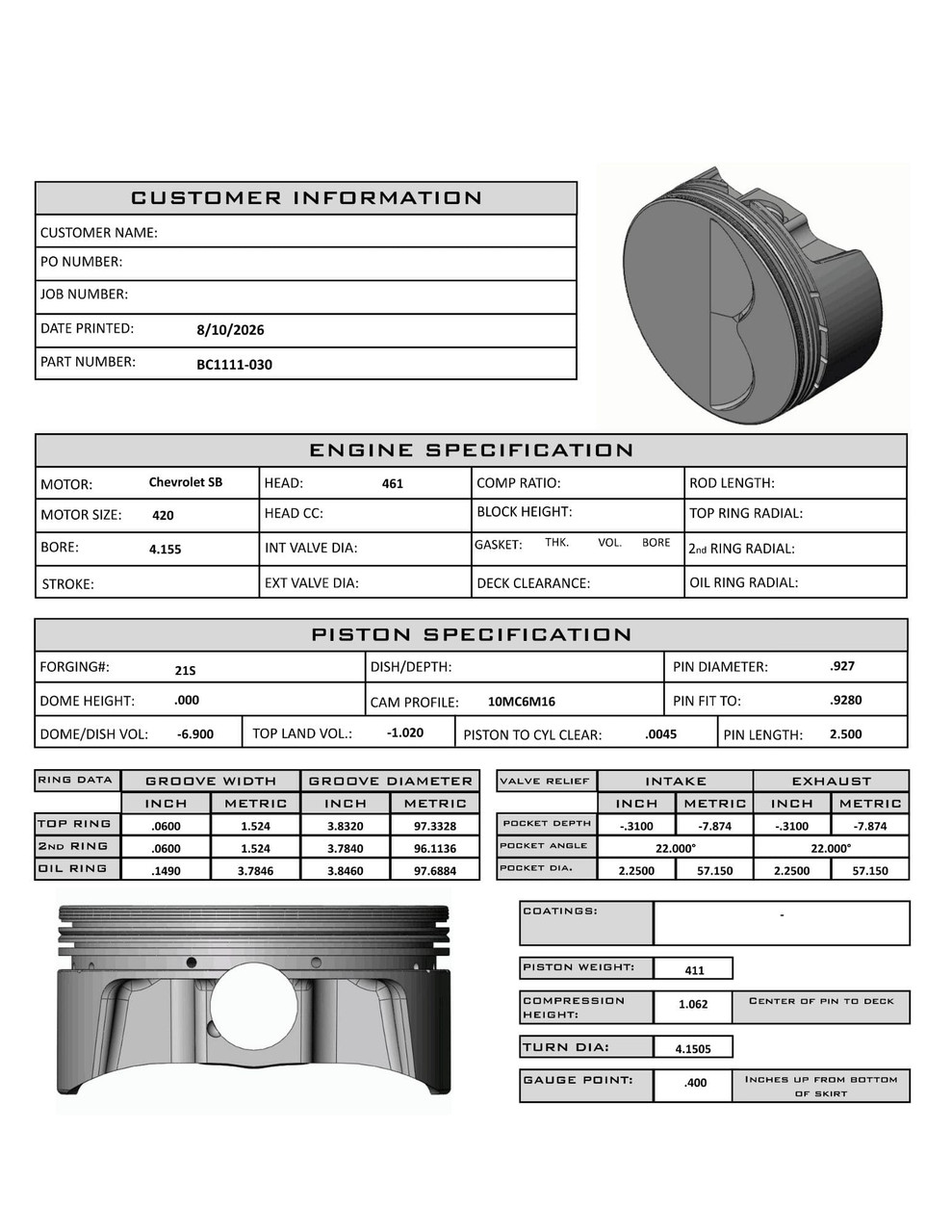Carrillo CP Bullet SBC 4.155" Bore Pistons Set | -6.8cc Flat Top | Suits 3.870" Stroke