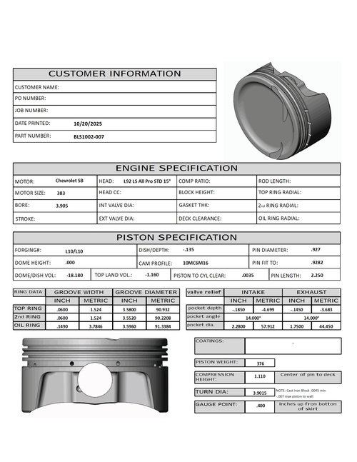 Carrillo CP Bullet LS 3.905" Pistons Set | 4.00" Stroke -18.2cc Dish Top