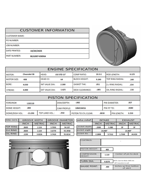 Carrillo CP Bullet LS 4.030" Pistons Set | 4.00" Stroke -13.4cc Dish Top | POWER ADDER