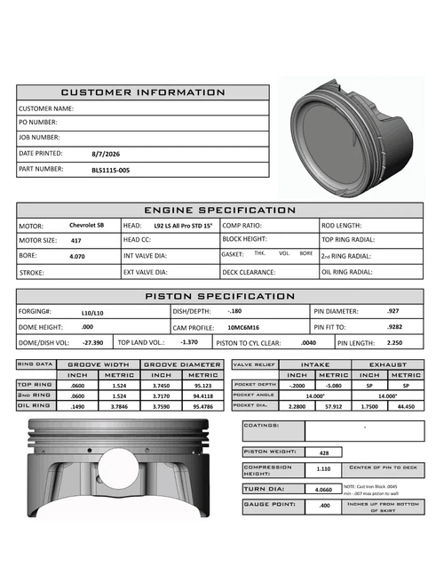 Carrillo CP Bullet LS 4.070" Pistons Set | 4.00" Stroke -27.4cc Dish Top | POWER ADDER