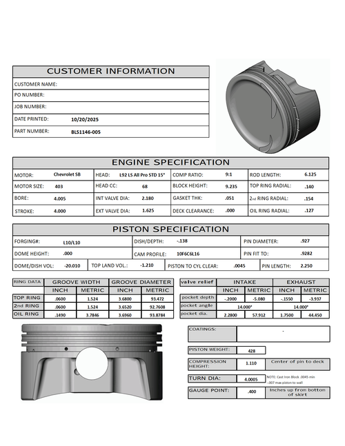 Carrillo CP Bullet LS 4.005" Pistons Set | 4.00" Stroke -20cc Dish Top