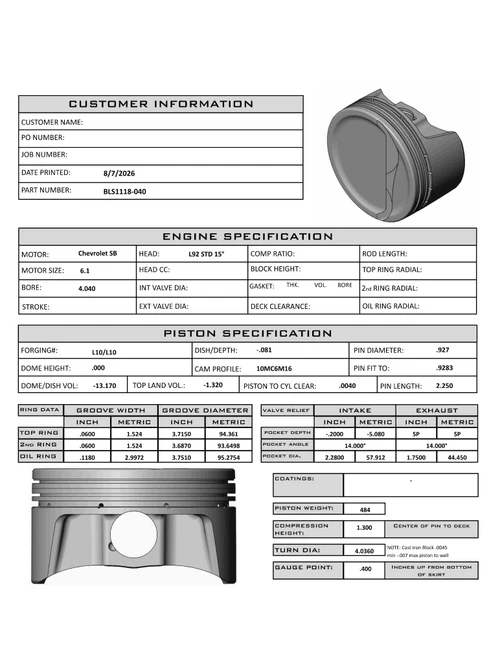 Carrillo CP Bullet LS 4.040" Pistons Set | 3.622" Stroke -13cc Dish Top | POWER ADDER