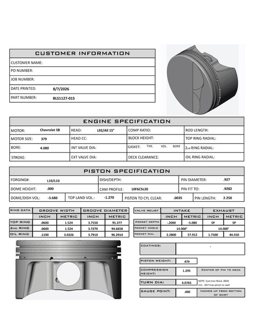Carrillo CP Bullet LS 4.080" Pistons Set | 3.622" Stroke -3.5cc Dish Top | POWER ADDER
