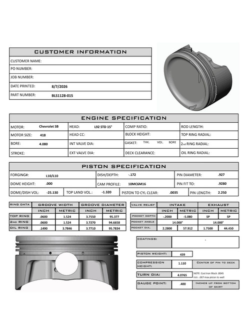Carrillo CP Bullet LS 4.080" Pistons Set | 4.00" Stroke -25.1cc Dish Top | POWER ADDER