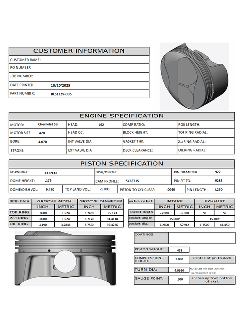 Carrillo CP Bullet LS 4.070" Pistons Set | 4.125" Stroke +9.6cc Dome Top | N/A