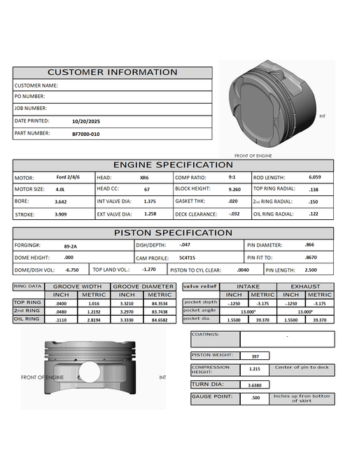 Carillo CP Bullet Ford Barra +.010" Pistons Set | -6.8cc Dish Top | 9.0:1 