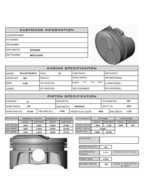 Carrillo CP Bullet BBC 4.280" Bore Pistons Set | +24.3cc Dome Top | 489ci