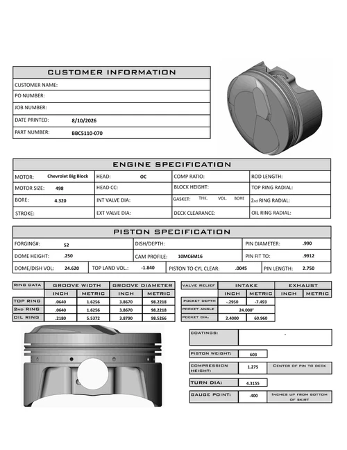 Carrillo CP Bullet BBC 4.320" Bore Pistons Set | +24.4cc Dome Top | 498ci