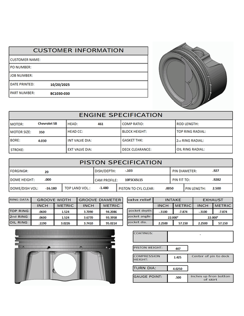 Carrillo CP Bullet SBC 4.030" Bore Pistons Set | -16.2cc Dish Top | 3.750" Stroke