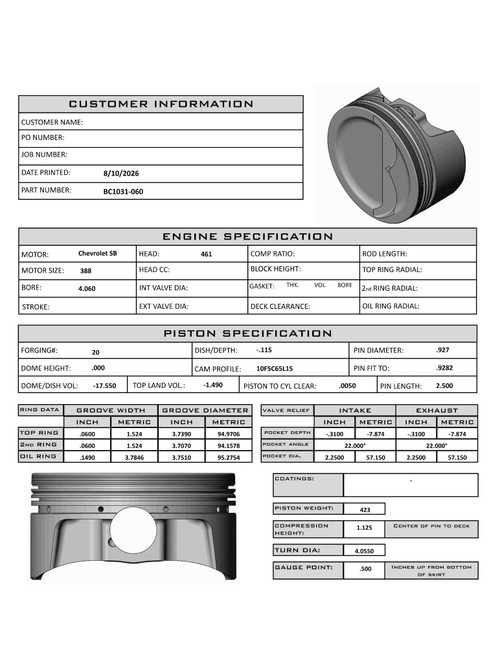 Carrillo CP Bullet SBC 4.060" Bore Pistons Set | -17.5cc Dish Top | 3.750" Stroke / 6.00" Rod