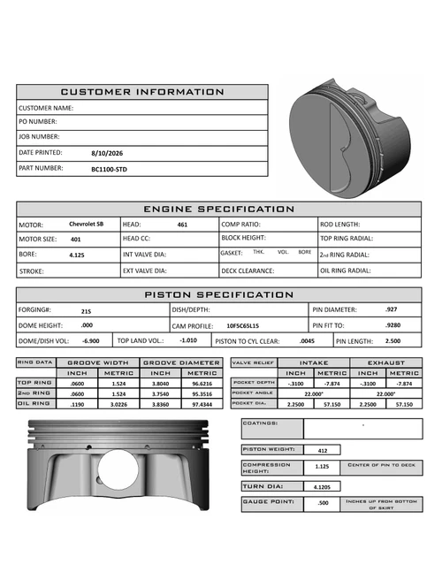 Carrillo CP Bullet SBC 4.125" Bore Pistons Set | -6.8cc Flat Top