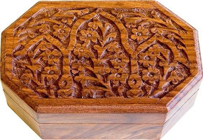 Style elytS Wooden Floral Carved Hexagonal Box 4x6