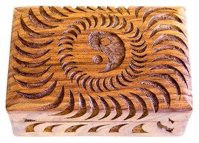 Wooden Sun/Yin Yang Carved Box 4"x6"