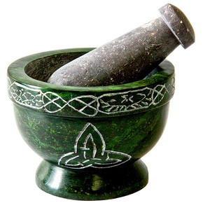 Green Soapstone Triquetra Mortar and Pestle 3 1/2" D, 2.5" H
