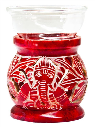 Red Soapstone Ganesh Carved Aroma Lamp 4"H