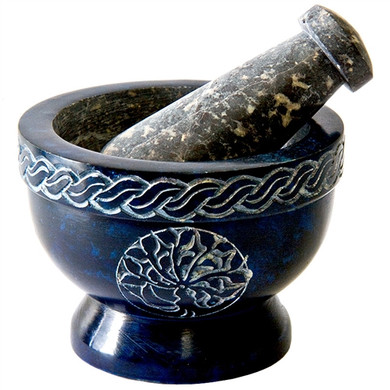 Blue Soapstone Tree of Life Mortar and Pestle 3 1/2" D, 2.5" H