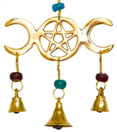 Triple Moon Brass Wind Chime With Beads 9"L