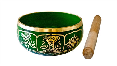 8 Lucky Symbols Brass Tibetan Singing Bowl - Green 4"D