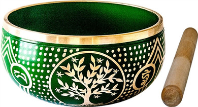 Brass Singing Bowl Green Tree of Life 6"D