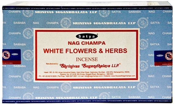 Satya White Flowers & Herbs Incense 15 Gram Packs (12/Box) Satya White Flowers & Herbs Incense 15 Gram Packs (12/Box)
