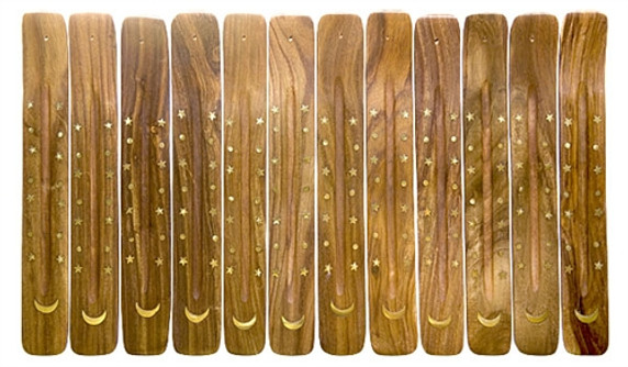 Wooden Ash Catcher Brass Inlay Moon 10"L (Set of 12)