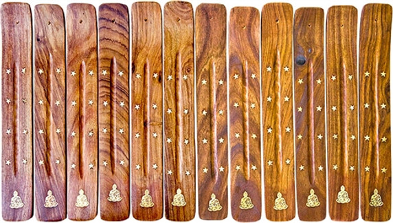 Wooden Ashcatcher Brass Inlay Buddha 10"L (Set of 12)