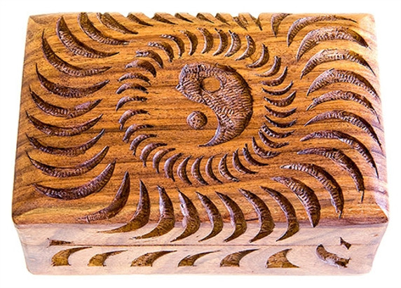 Wooden Sun/Yin Yang Carved Box 4"x6"