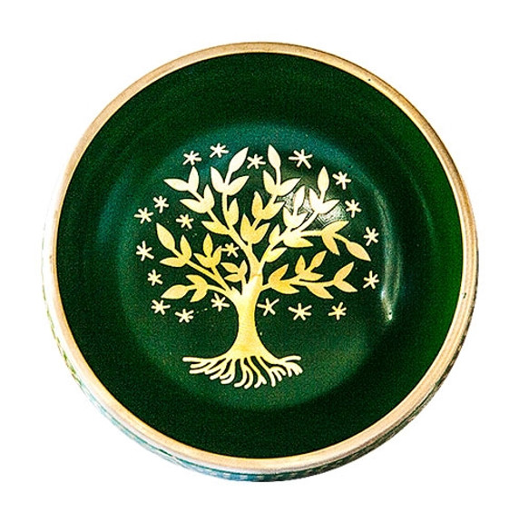 Brass Singing Bowl Green Tree of Life 5"D