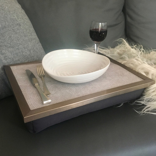 Crock 97 leather lap tray with bowl and wine glass on it