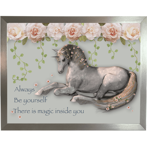 unicorn sitting lap tray with silver frame