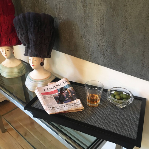 linen 83 large grey laptop tray with black frame pictured with newspaper and whiskey glass on top it