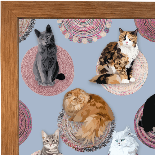 Cats on Mats blue lap tray with wood frame, close up