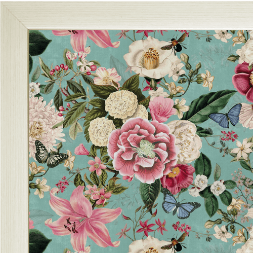 Botanicals turquoise lap tray with cream frame, close up